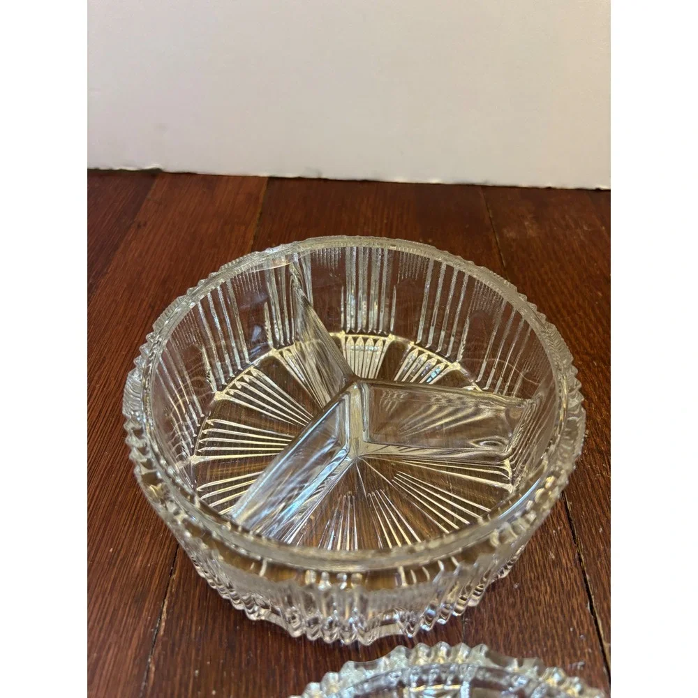 Vintage Round Clear Pressed Glass 3 Section Divided Trinket Box with Lid 5.5in